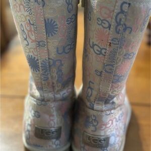 UGG Light Gray Winter Boots with Blue Geometric Design